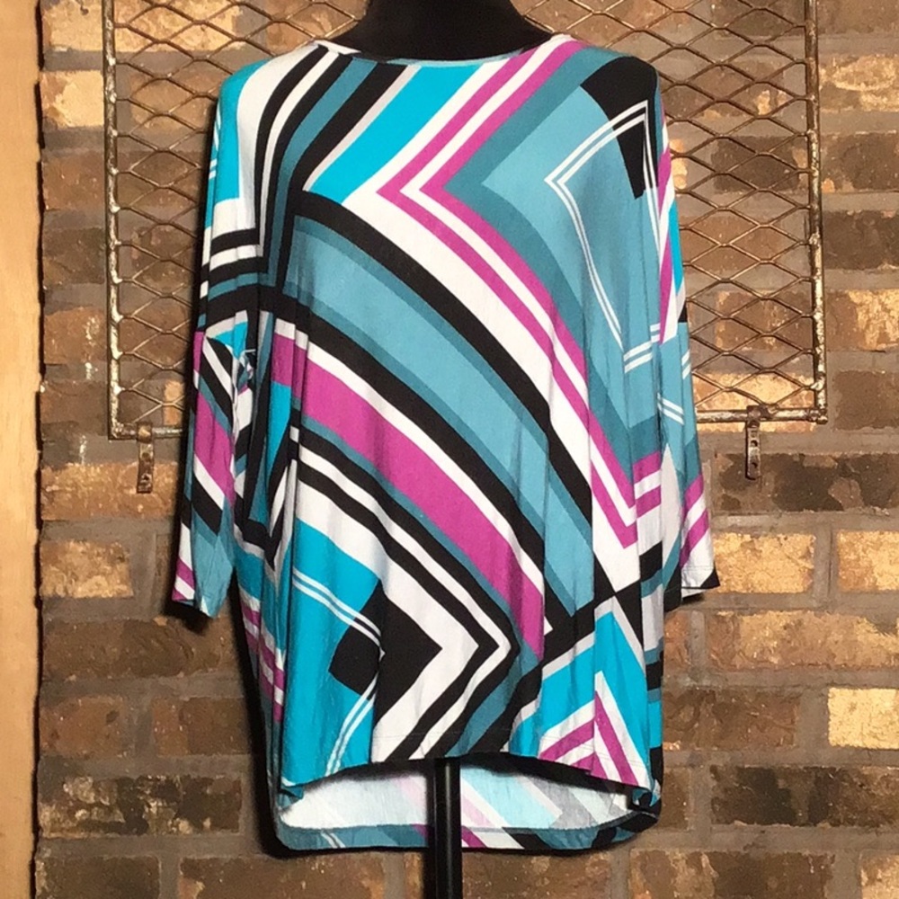 Dana Buchman blouse geo pattern turquoise purple gray black M